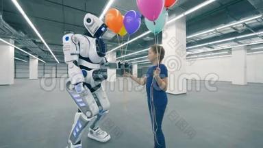 一个女孩把彩色气球送给机器人，特写。